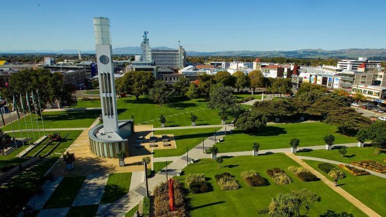The Square and clock tower in Palmerston North from above